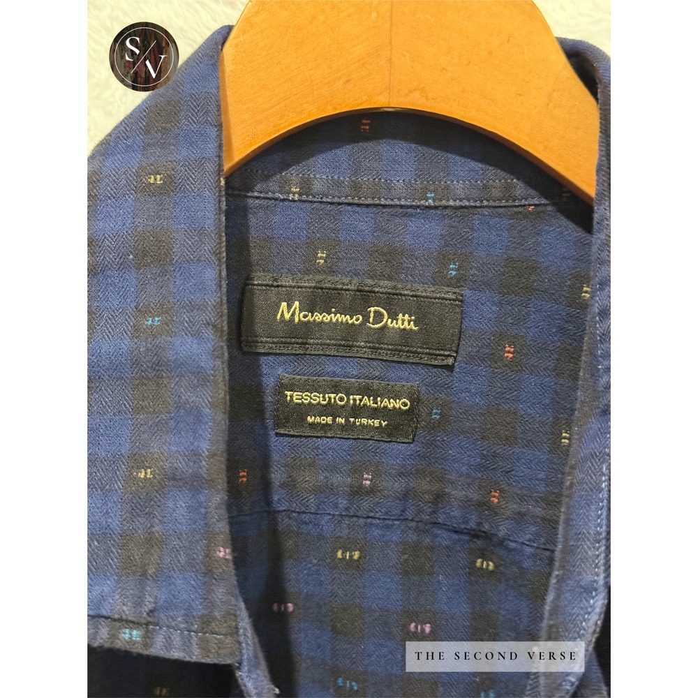 Massimo Dutti Mens Navy Black Navy Check Embroidered Tessuto Italiano Shirt L - Picture 7 of 7